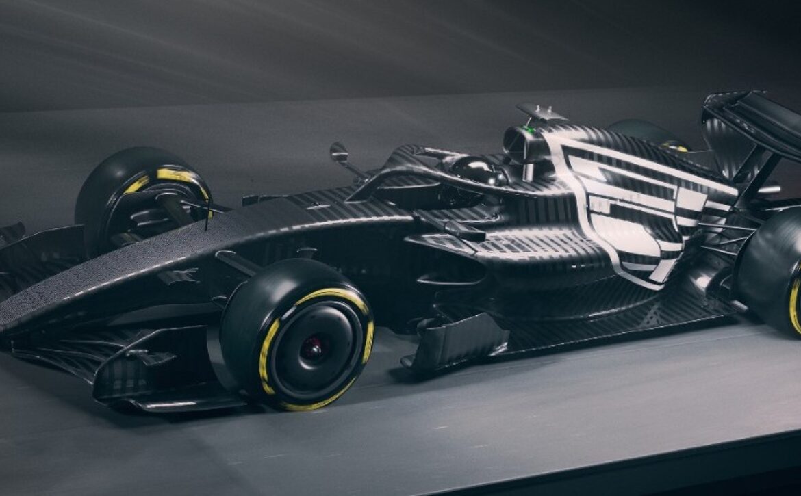 Front three-quarter view of Cadillac Formula 1 test livery.